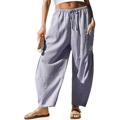 Womens Wide Leg Gingham Striped Plaid Pants with Pockets