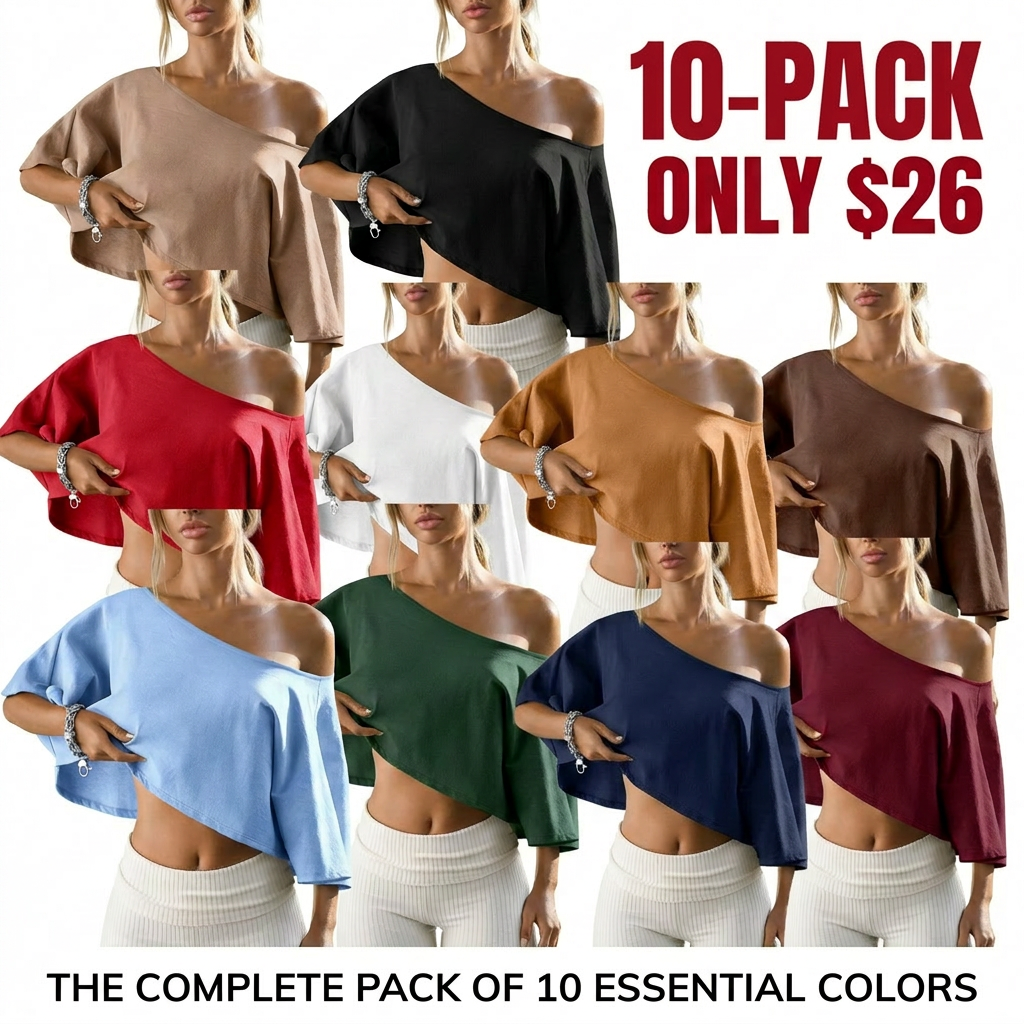 🔥Last Chance to Save ! Womens Cotton Off-Shoulder Crop Top Loose Batwing Sleeve Asymmetrical Neck Casual Tee