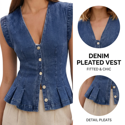 🚨Ends at Midnight ! Women's V Neck Denim Vests Tops Button Down Y2k Fitted Pleated Sleeveless Jean