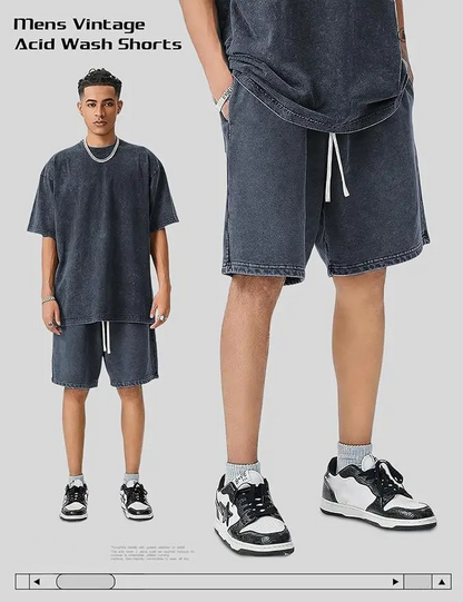 Unisex Cotton Athletic Vintage Acid Wash Elastic Waist Sweat Shorts