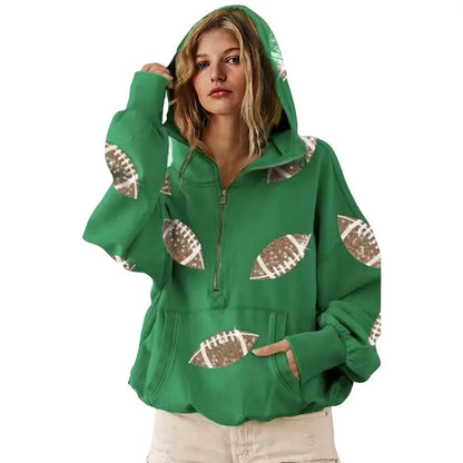 Women's Oversized Game Day Hoodie Casual Long‑Sleeve Half‑Zip Pullover with Sequin Football Print Kangaroo Pocket