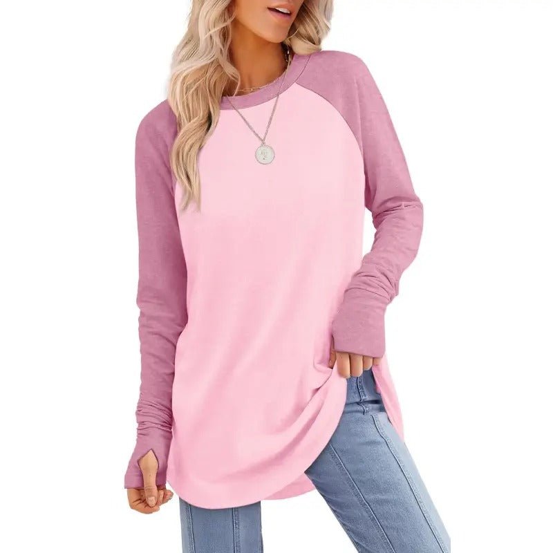 Women's Long Sleeve Tunic Top – Round Neck, Curved Hem & Thumb Holes