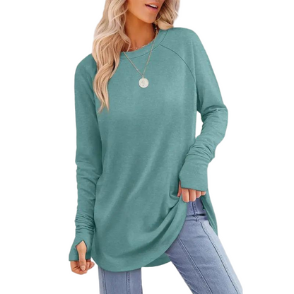 Women's Long Sleeve Tunic Top – Round Neck, Curved Hem & Thumb Holes
