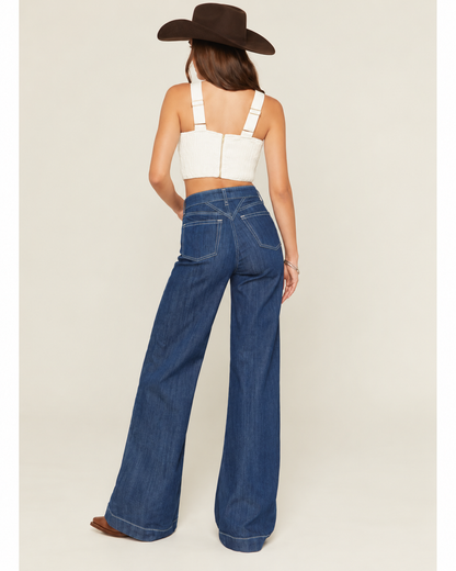 🔥 BESTSELLER | 6PCS $24.63 |Women's Dark Wash Ultra High Rise Western Yoke Wide Leg Stretch Jeans