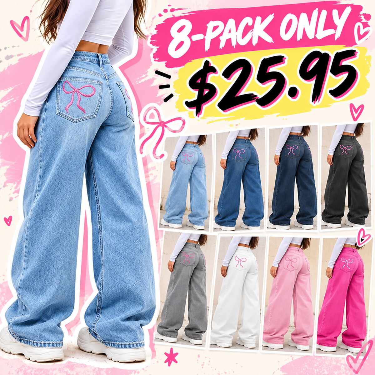 🔥 BESTSELLER | 8PCS $25.95 |Women's High Waist Slimming Jeans, Embroidered Bow Design, Elastic Skinny Fit