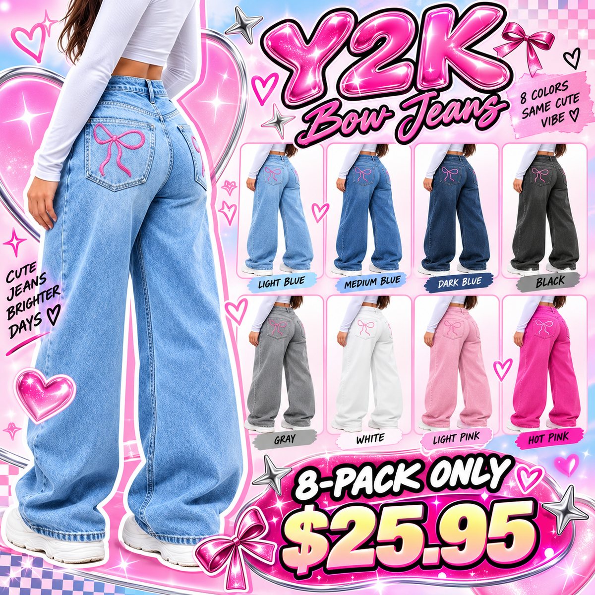 🔥 BESTSELLER | 8PCS $25.95 |Women's High Waist Slimming Jeans, Embroidered Bow Design, Elastic Skinny Fit