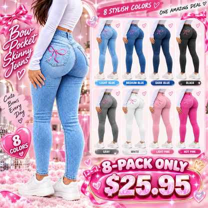 🔥 BESTSELLER | 8PCS $25.95 |Women's High Waist Slimming Jeans, Embroidered Bow Design, Elastic Skinny Fit