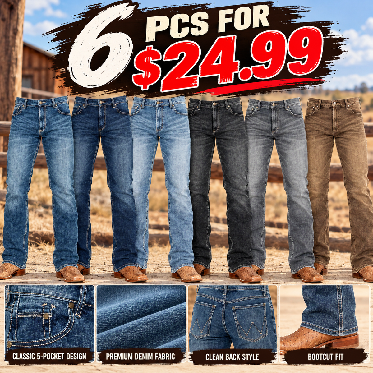 🔥 BESTSELLER | 6PCS $24.99 | Men's Layton Medium Wash Low Rise Slim Bootcut Jeans