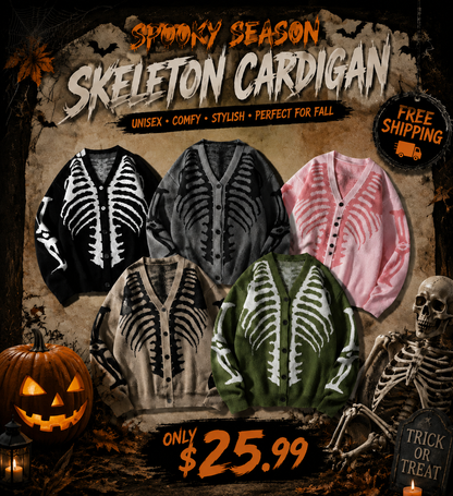🎃Bestseller unisex Halloween knit cardigan. Skeleton print, button‐front V‐neck loose fit. Soft for spooky season & daily fall wear, multiple sizes available.🔥