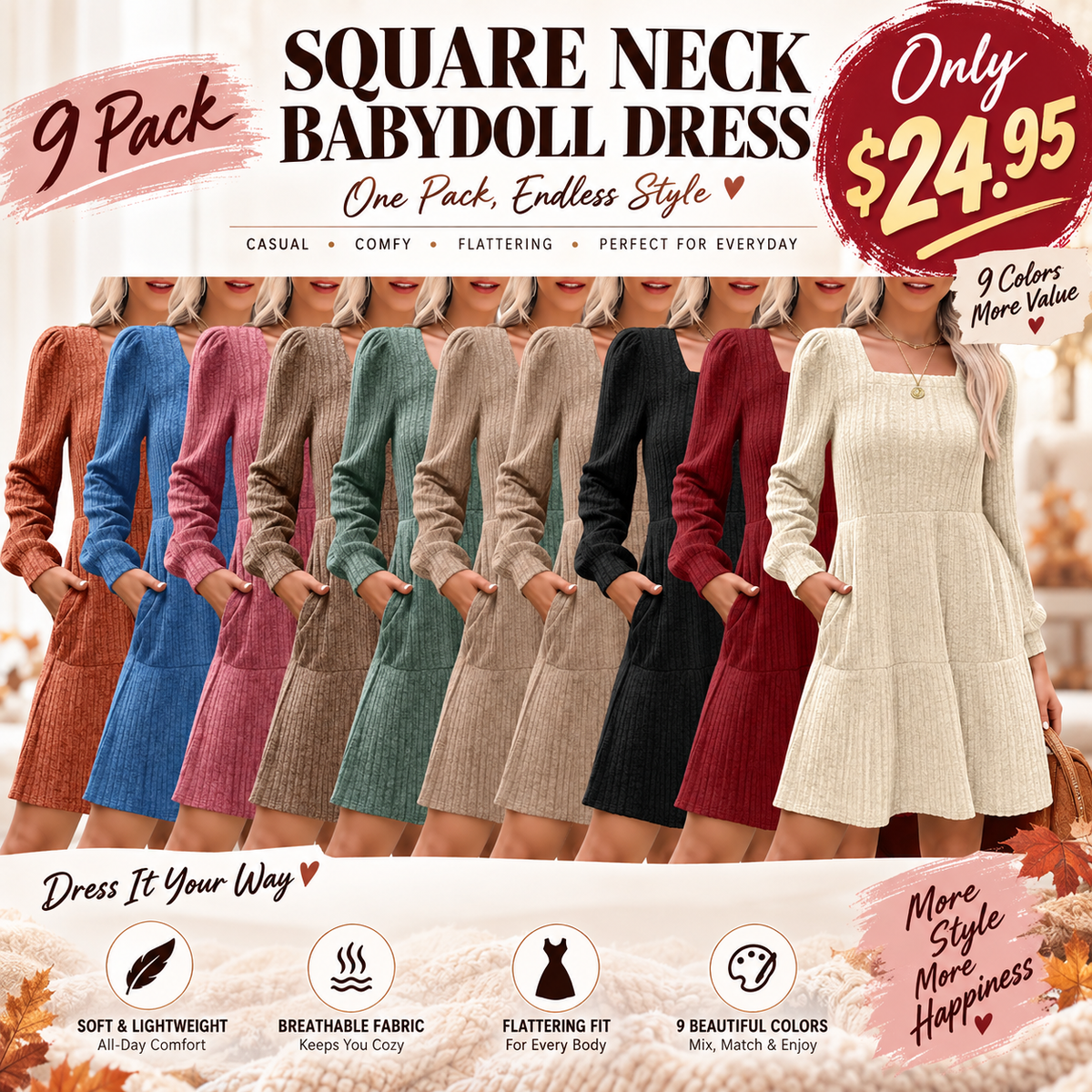 Square Neck Long Sleeve Babydoll Sweater Dress