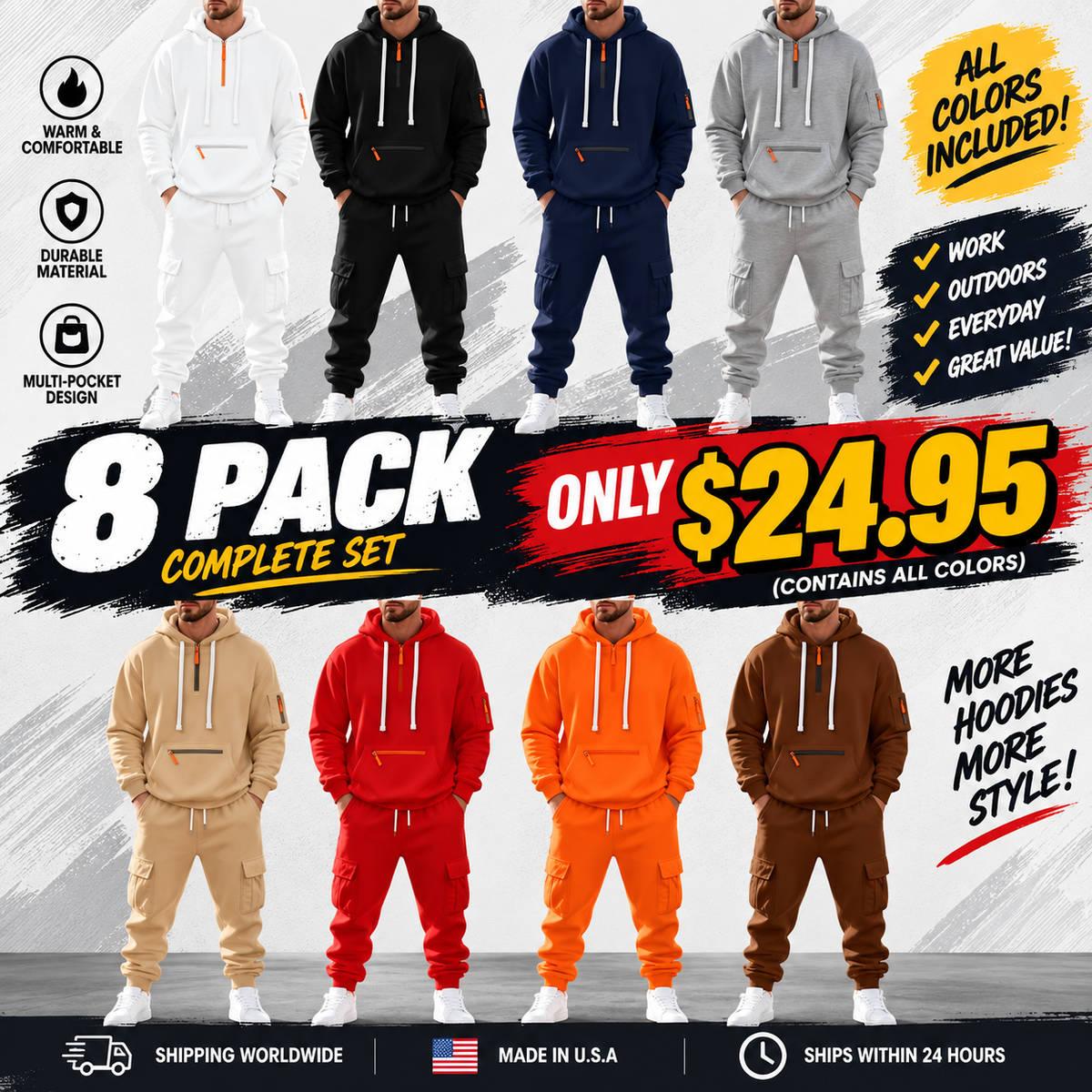 🔥 BESTSELLER | 8PCS $24.95 |Men's  Hoodie & Cargo Pants Tracksuit Set