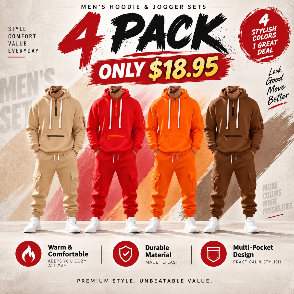 🔥 BESTSELLER | 8PCS $24.95 |Men's  Hoodie & Cargo Pants Tracksuit Set
