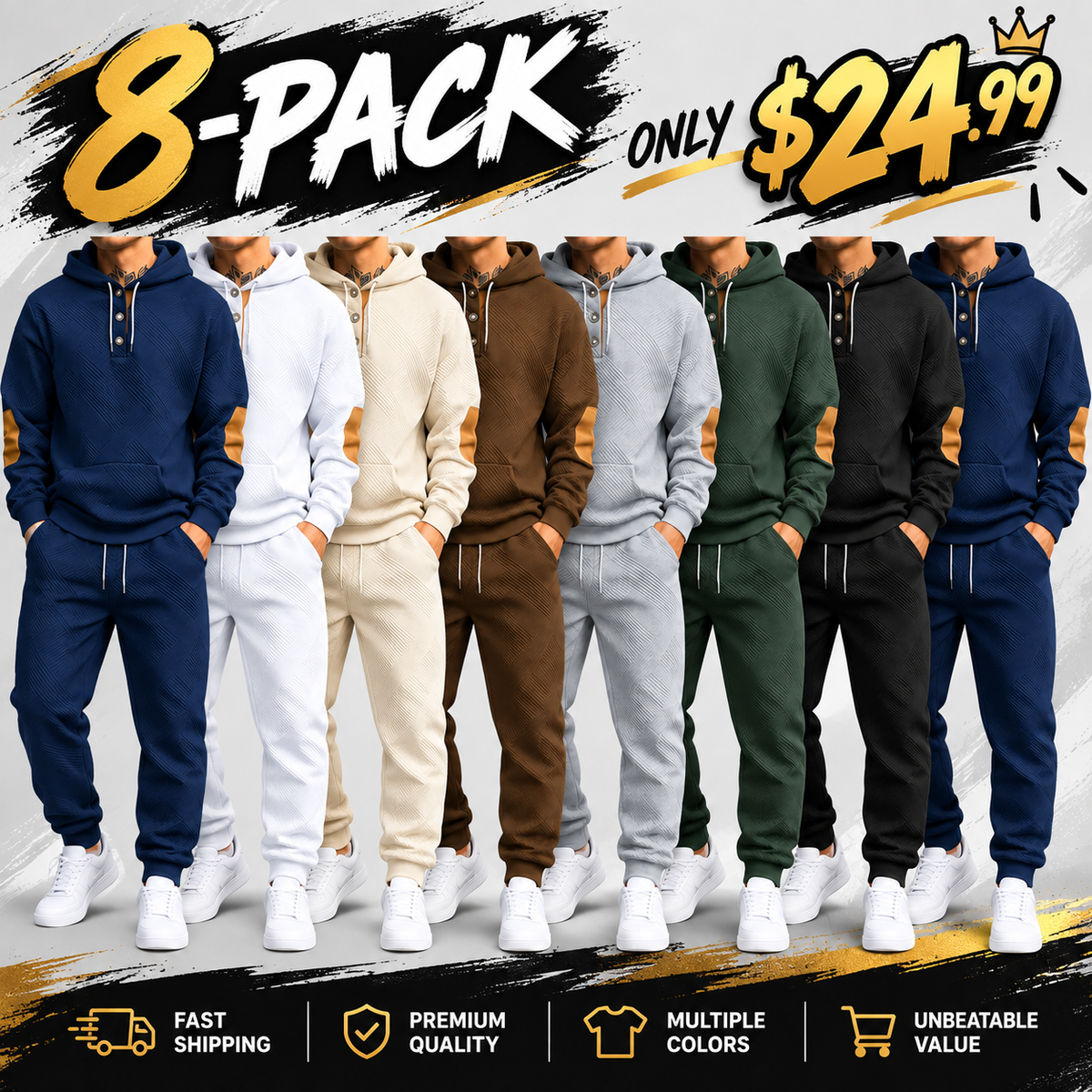 Men's 2‑Piece Textured Hoodie Tracksuit, Geometric Pattern Hooded Sweatshirt with Contrast Elbow Patches & Matching Sweatpants