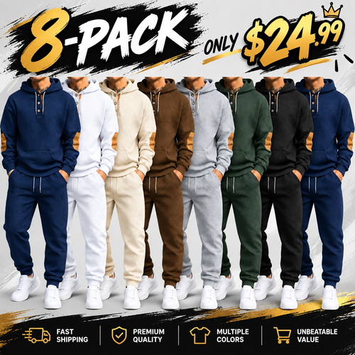 Men's 2‑Piece Textured Hoodie Tracksuit, Geometric Pattern Hooded Sweatshirt with Contrast Elbow Patches & Matching Sweatpants