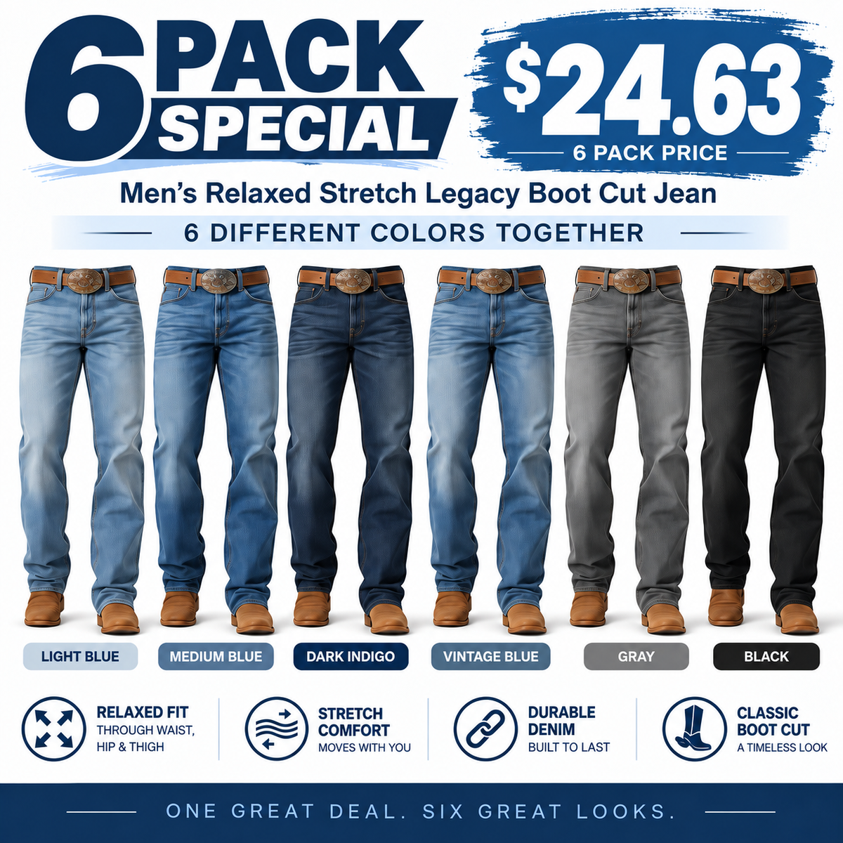 🔥 BESTSELLER | 6PCS $24.63 | Men's  Relaxed Stretch Legacy Boot Cut Jean