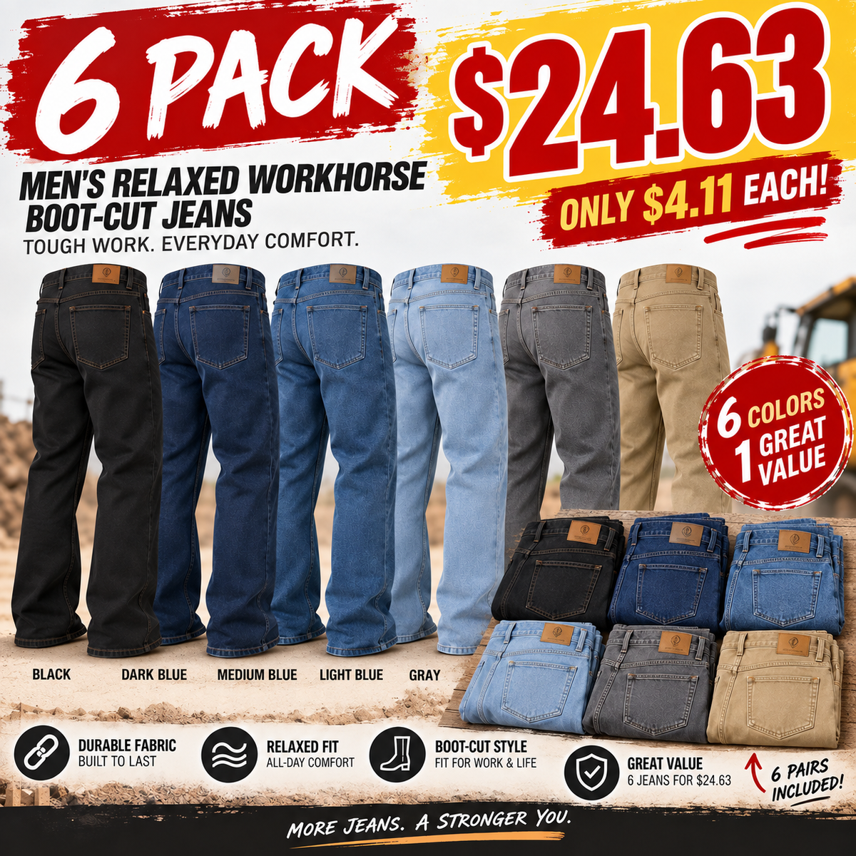 🔥 BESTSELLER | 6PCS $24.63 | Men's Relaxed Workhorse Boot Cut Jean