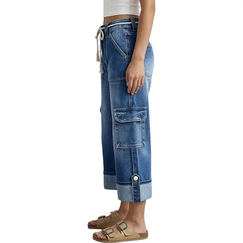 Drawstring Flap Pocket Roll Hem High Waist Straight Leg Crop Jeans
