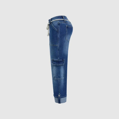 Drawstring Flap Pocket Roll Hem High Waist Straight Leg Crop Jeans