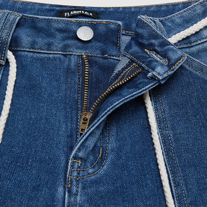 Drawstring Flap Pocket Roll Hem High Waist Straight Leg Crop Jeans