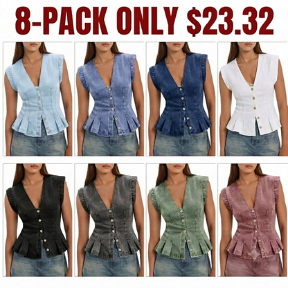 🚨Ends at Midnight ! Women's V Neck Denim Vests Tops Button Down Y2k Fitted Pleated Sleeveless Jean