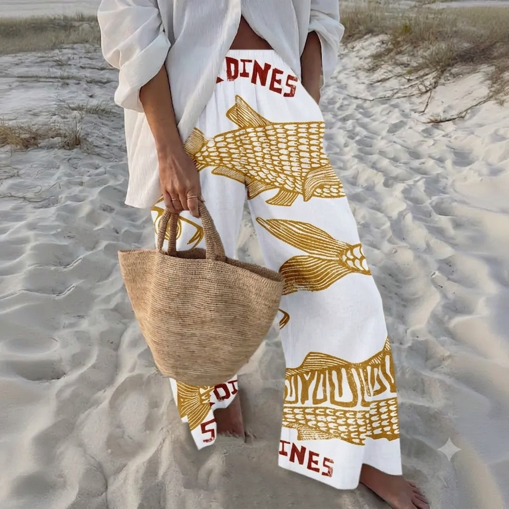 🔥 Perfect Summer Elastic Waistband Vacation Ukiyoe Style Sardine Wide Leg Print Pant