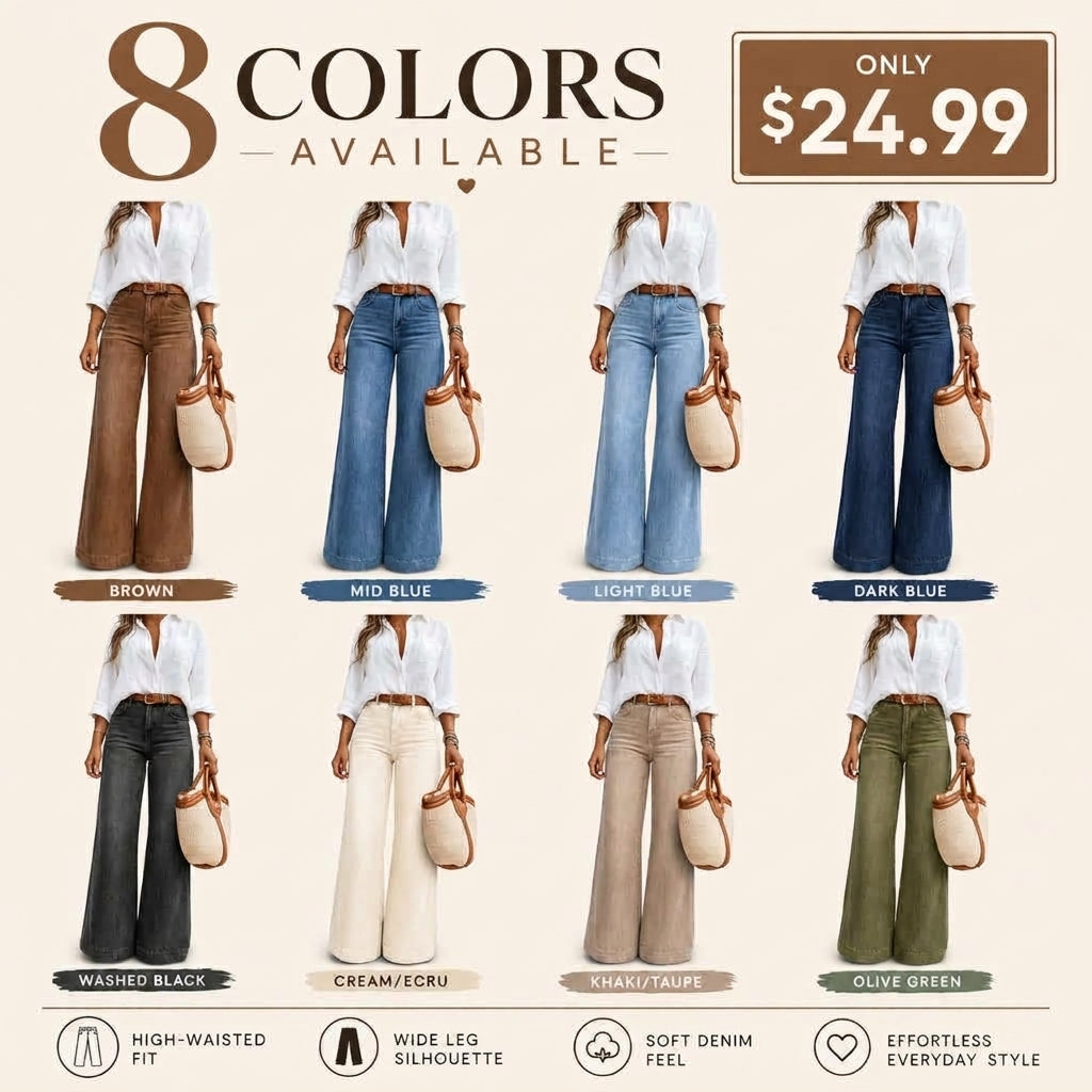 Women’s High-Waisted Wide Leg Jeans – Vintage Wash Stretch Denim Pants