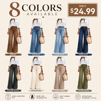 Women’s High-Waisted Wide Leg Jeans – Vintage Wash Stretch Denim Pants