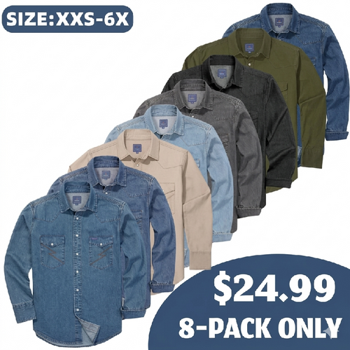 🔥HOT-SALE 🔥Men's Long Sleeve Stone-Washed and Pre-Washed Denim Work Shirt
