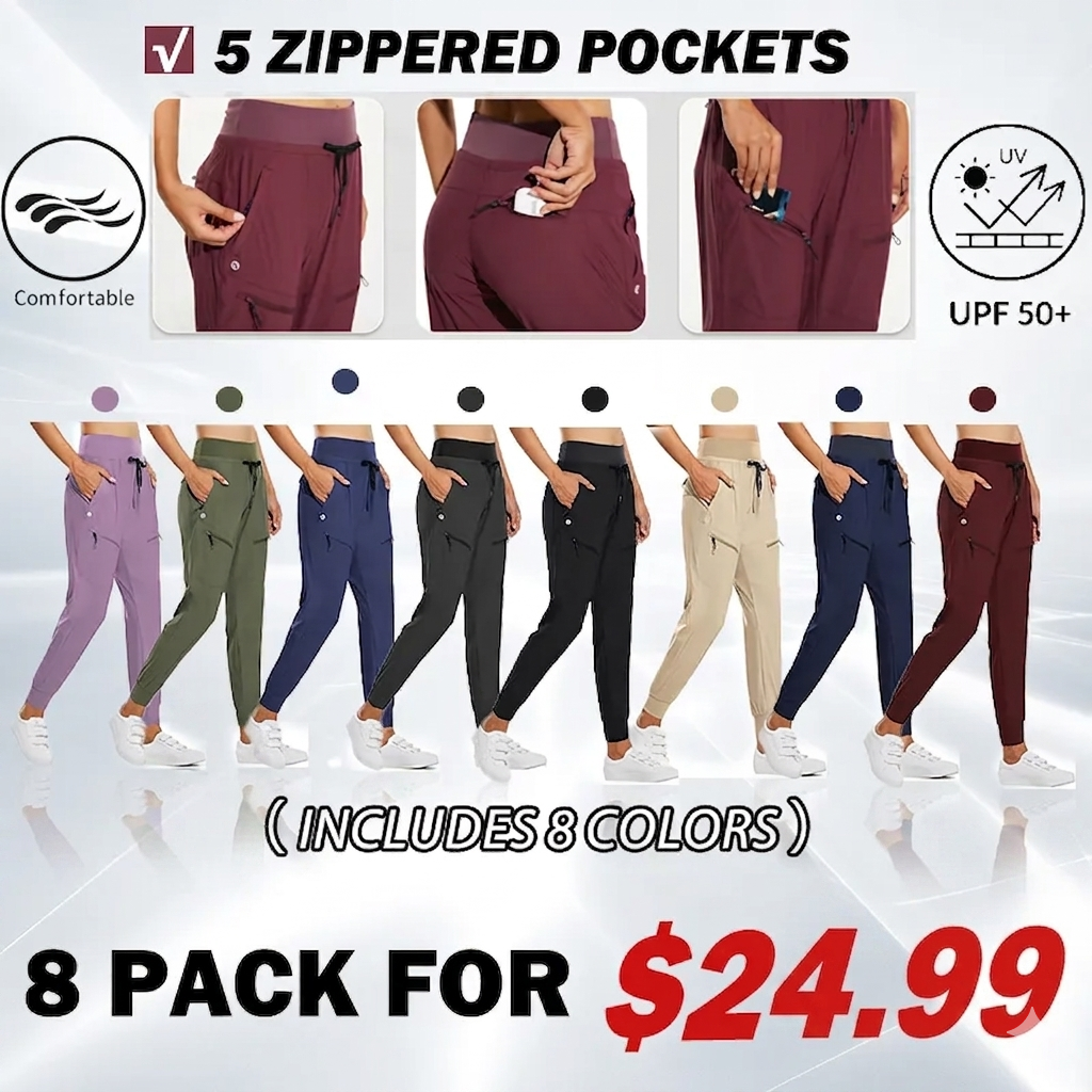 ⏰8-PACK ONLY $24.99-Women's UPF50+ Quick-Dry Joggers: High Waist Hiking Pants w/5 Zips