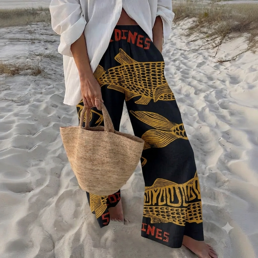 🔥 Perfect Summer Elastic Waistband Vacation Ukiyoe Style Sardine Wide Leg Print Pant