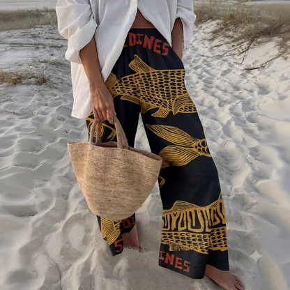 🔥 Perfect Summer Elastic Waistband Vacation Ukiyoe Style Sardine Wide Leg Print Pant