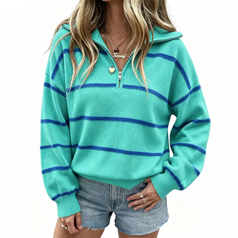 🔥Last Day💥Women's Color-Blocked Striped Quarter-Zip Sweater