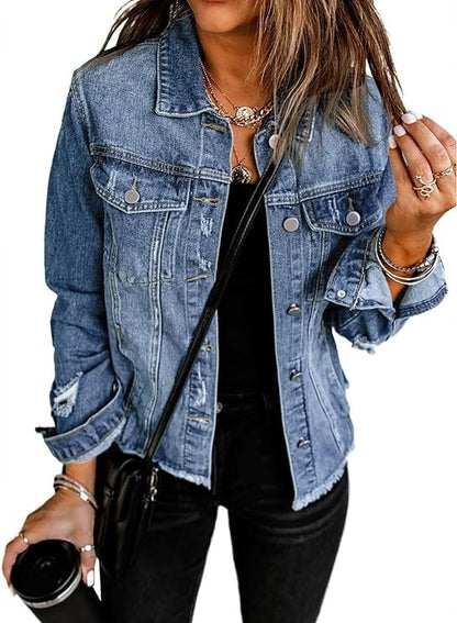 🔥Last day promotion⏰—Womens Washed Crop Denim Jacket With Pockets