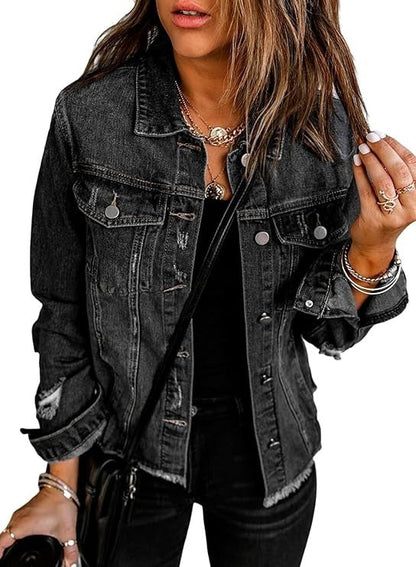 🔥Last day promotion⏰—Womens Washed Crop Denim Jacket With Pockets