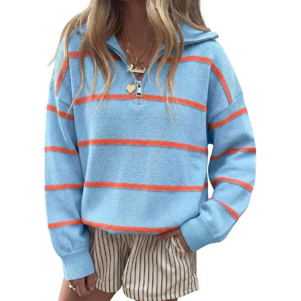 🔥Last Day💥Women's Color-Blocked Striped Quarter-Zip Sweater