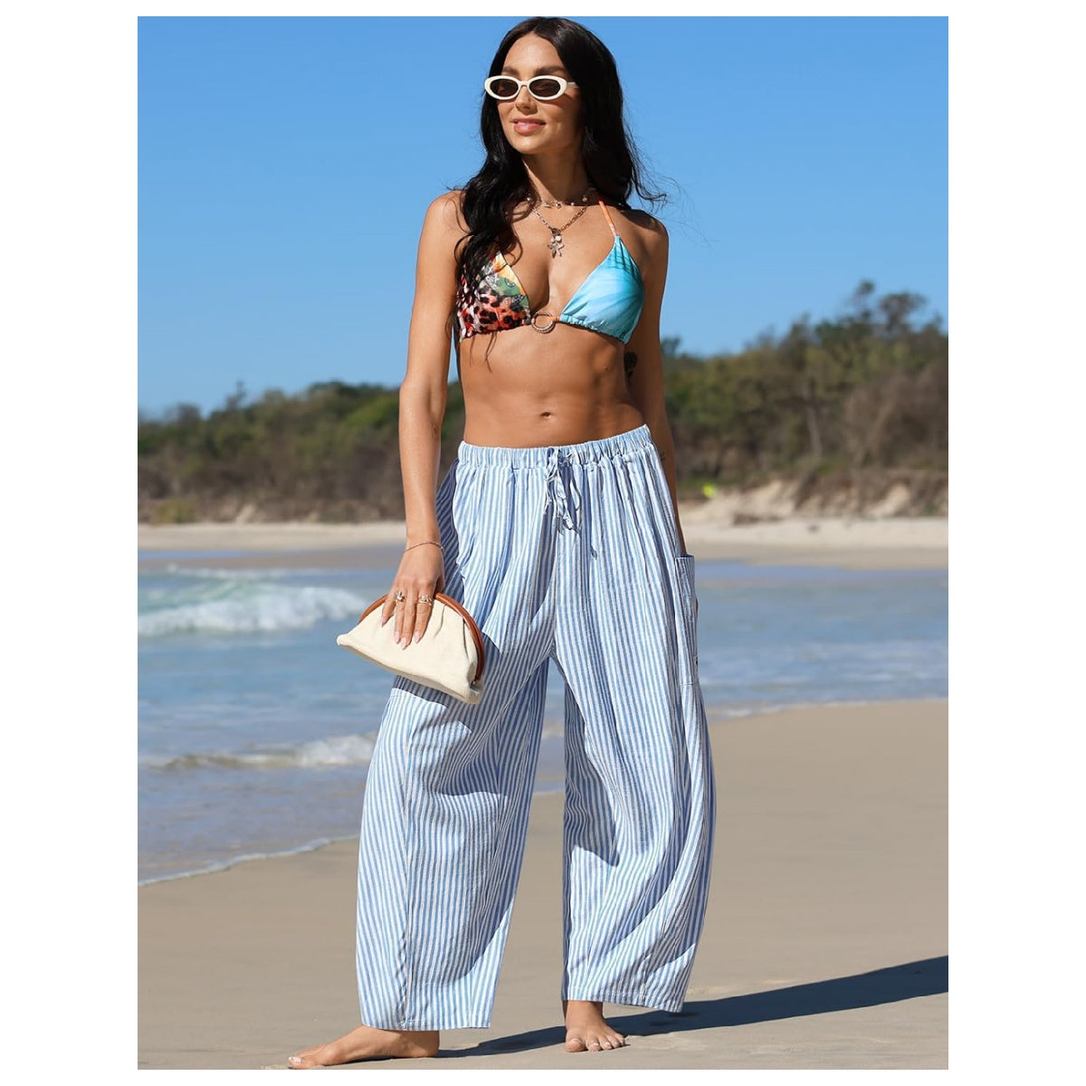 Womens Wide Leg Gingham Striped Plaid Pants