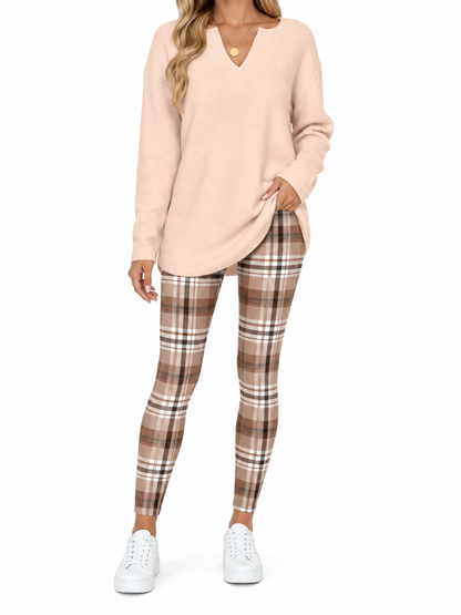 Women's 2-Piece Lounge Set – Long Sleeve Top & Plaid Leggings