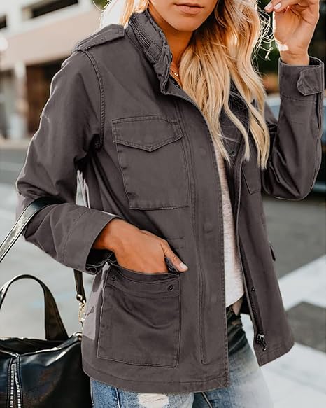Women's Military Jacket Zip Up Snap Buttons