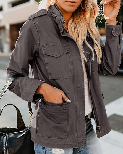 Women's Military Jacket Zip Up Snap Buttons