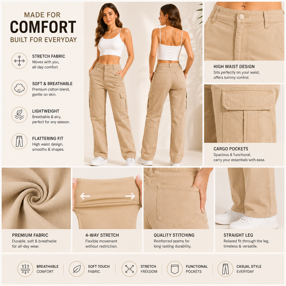 Limited-Time Offer -  Women's High Waist Stretch Cargo Pants