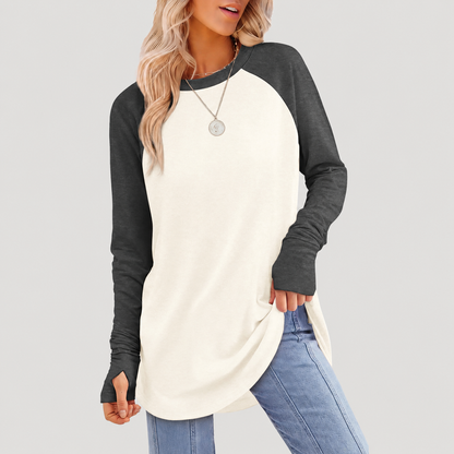 Women's Long Sleeve Tunic Top – Round Neck, Curved Hem & Thumb Holes