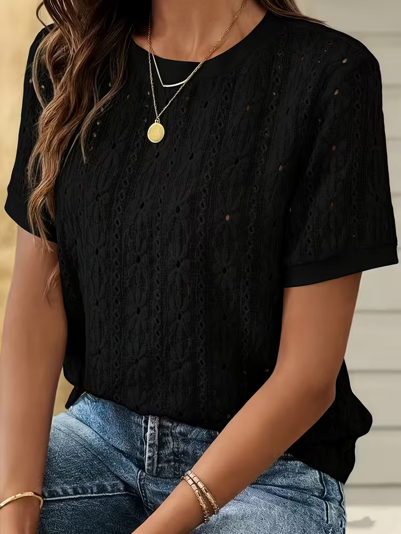 2026 Spring/Summer New Commuter Textured Jacquard Hollow Short-Sleeve Round-Neck T-Shirt, Casual And Minimalist Women'S Top