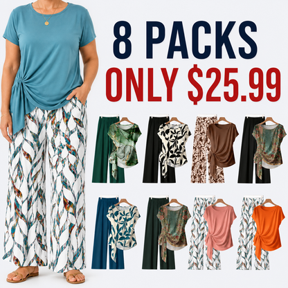 Women's Casual Printed Necktie Shirt and Loose Straight Pants Two-Piece Set