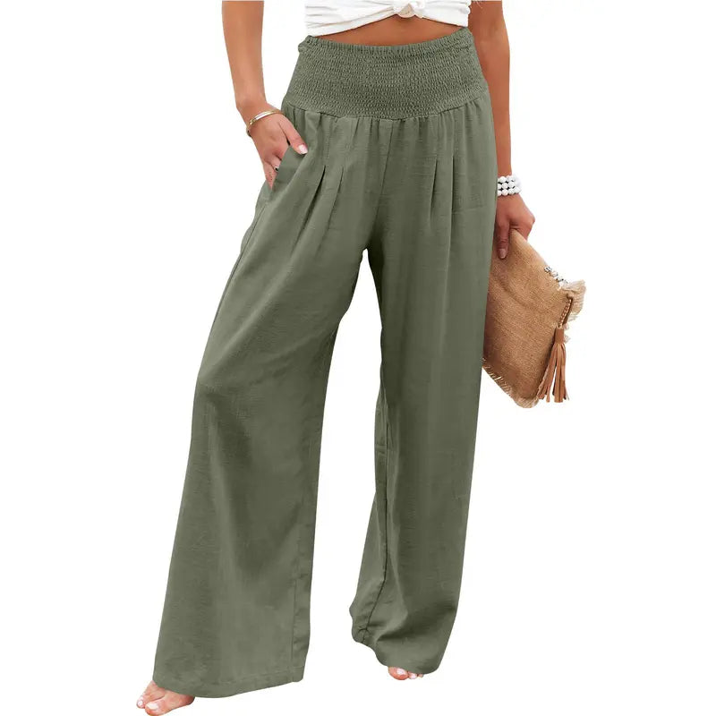 Women‘s Linen Palazzo Pants Summer Boho Wide Leg High Waist Casual Lounge Pant Beach Travel Comfortable Vacation