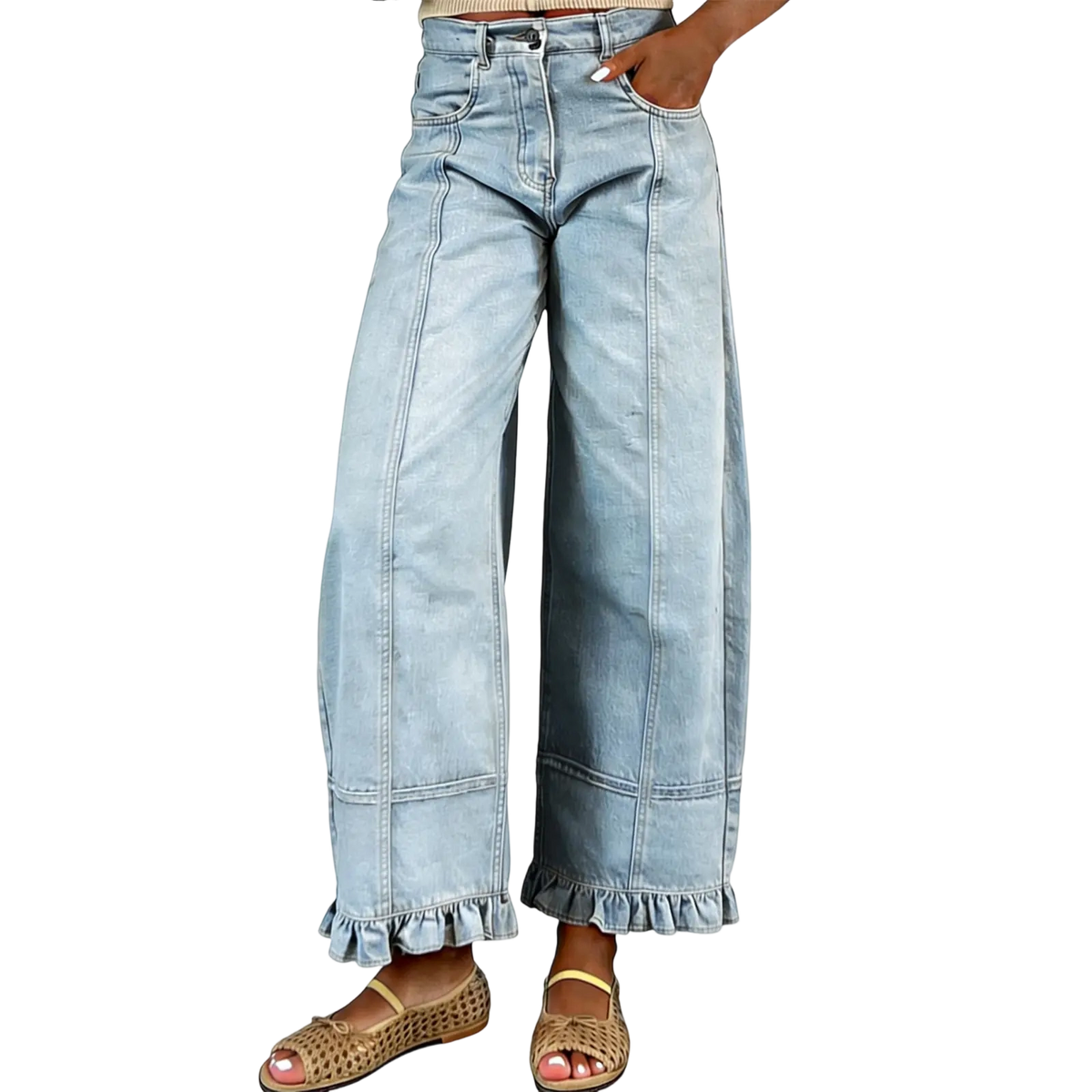 🔥Women'S Barrel Jeans - 2026 Y2K Casual Cute Soft Lightweight Ruffle Patchwork Baggy Boyfriend Denim Pants