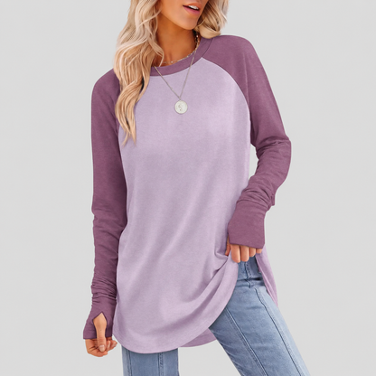 Women's Long Sleeve Tunic Top – Round Neck, Curved Hem & Thumb Holes