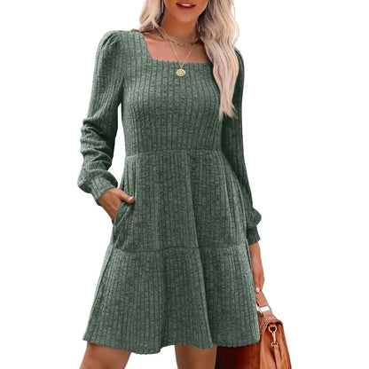 Square Neck Long Sleeve Babydoll Sweater Dress