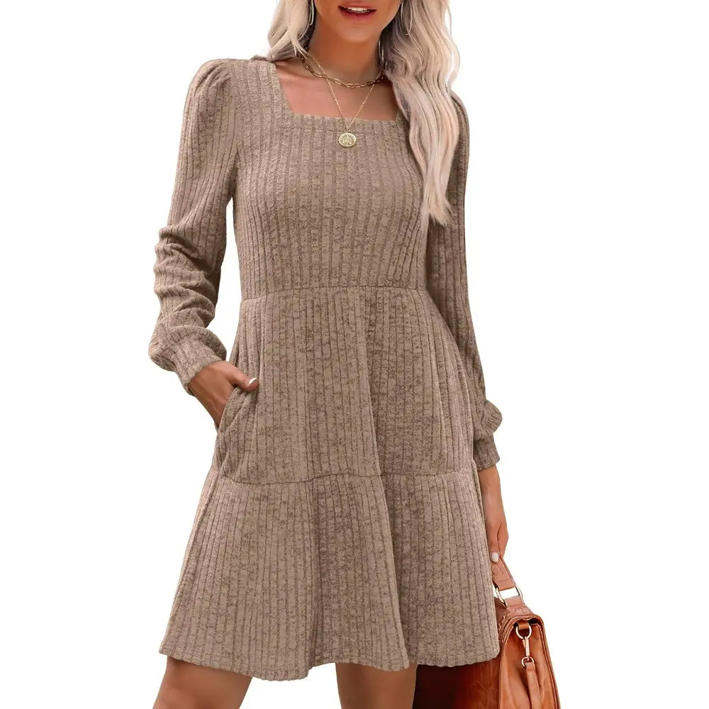 Square Neck Long Sleeve Babydoll Sweater Dress