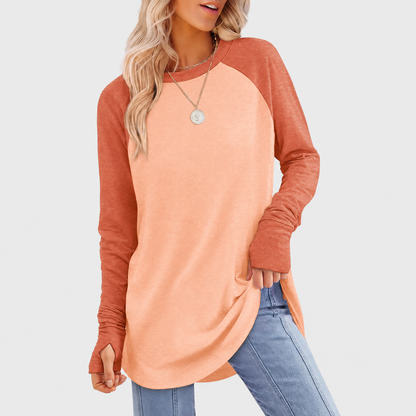 Women's Long Sleeve Tunic Top – Round Neck, Curved Hem & Thumb Holes