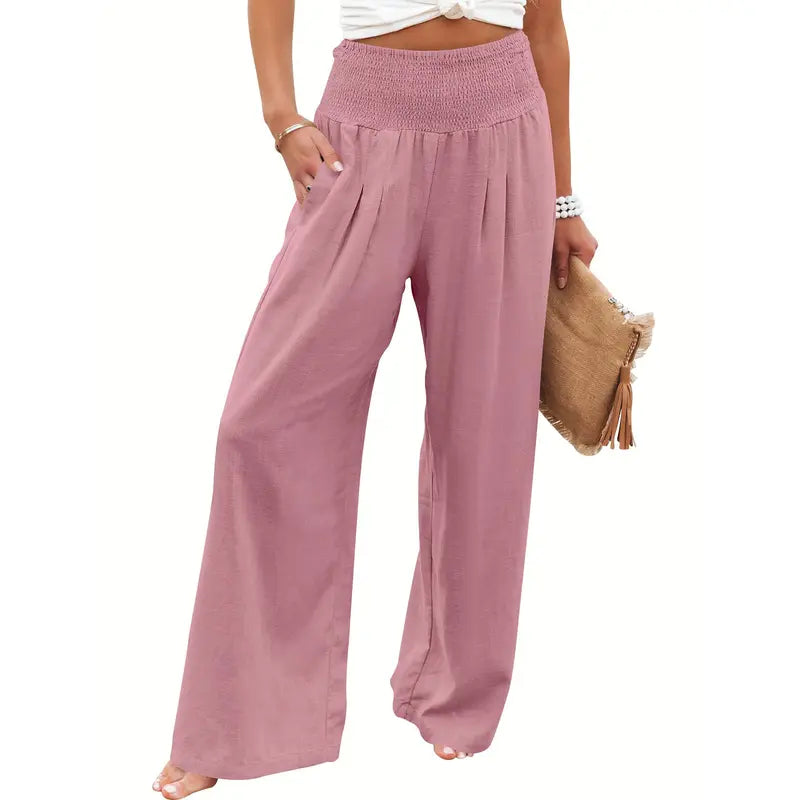 Women‘s Linen Palazzo Pants Summer Boho Wide Leg High Waist Casual Lounge Pant Beach Travel Comfortable Vacation